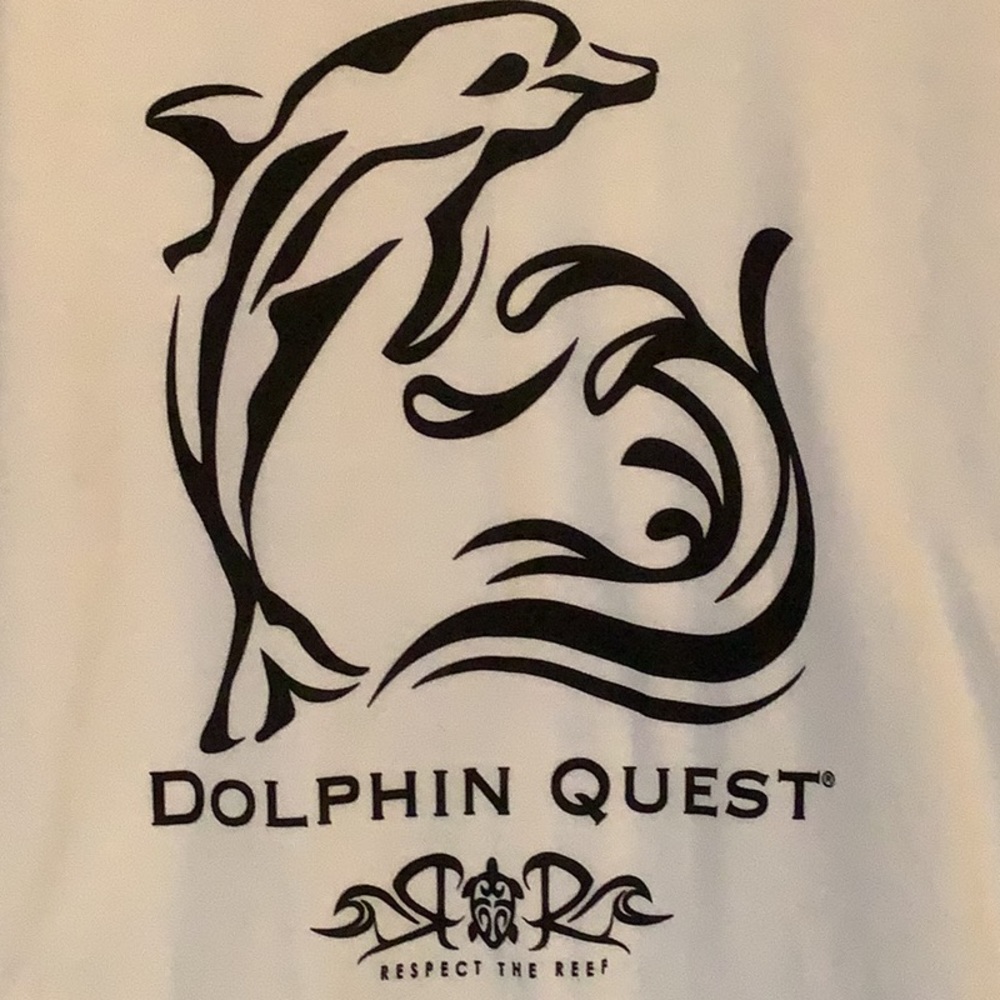 Dolphin Quest white T w/black ribbing 100% cotton